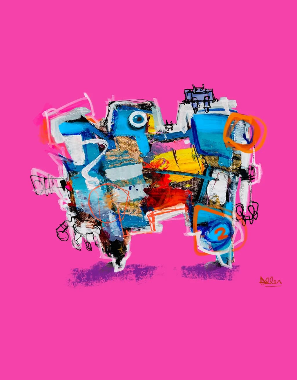 Vibrant Chaos: A Dance of Color and Form on Pink Canvas