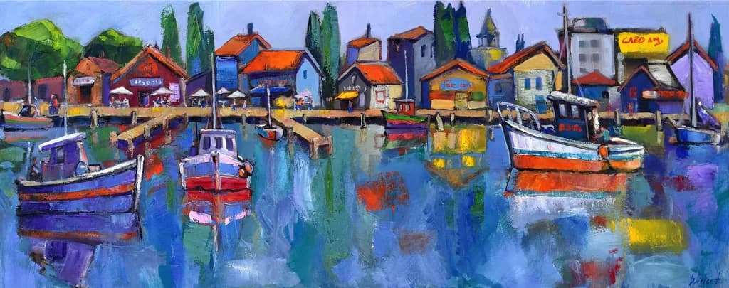 Harbor Reflections: A Colorful Dance of Boats and Scenery
