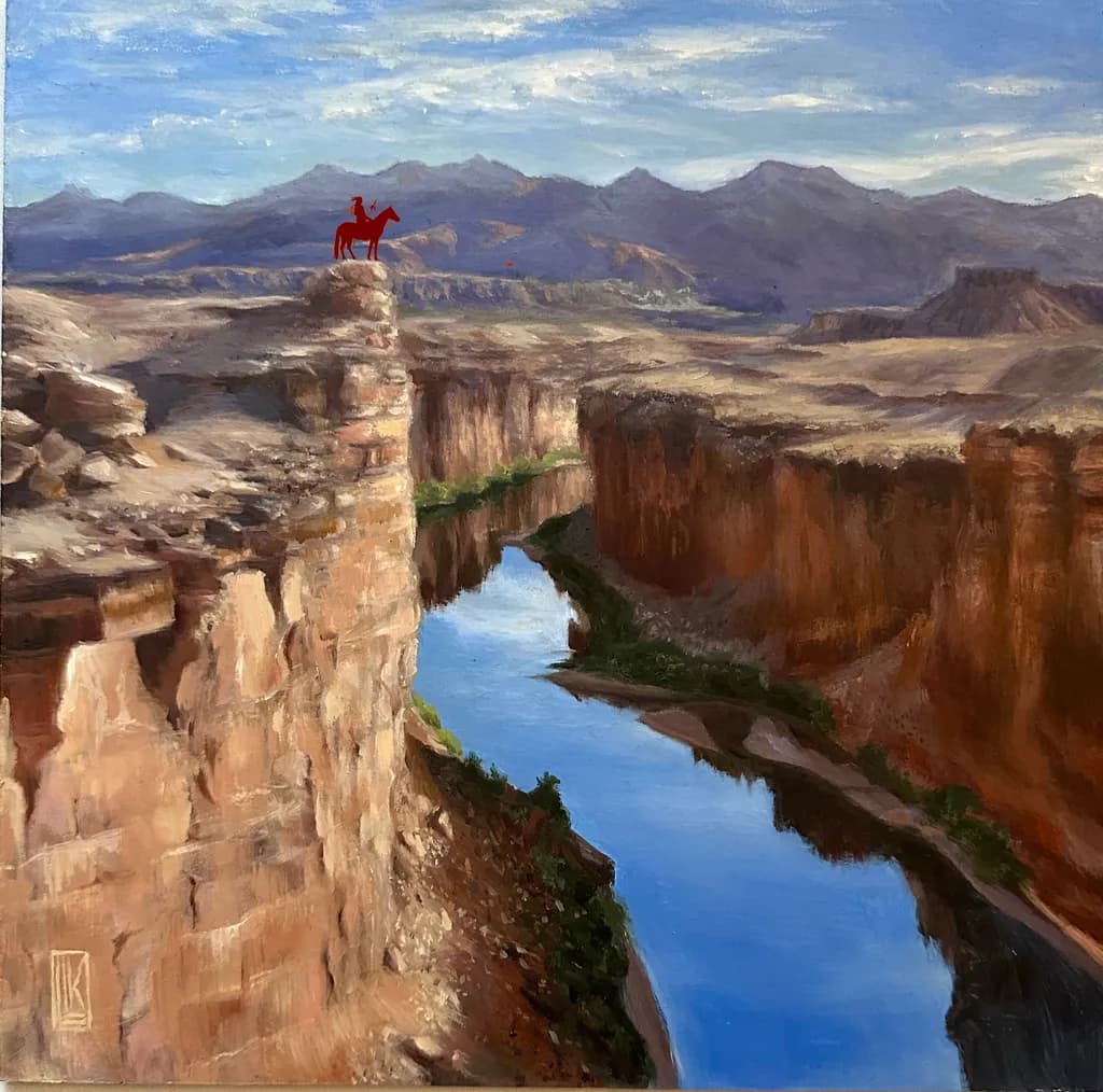 Majestic Journey: A Lone Rider Overlooking the Serene Canyon Reflections
