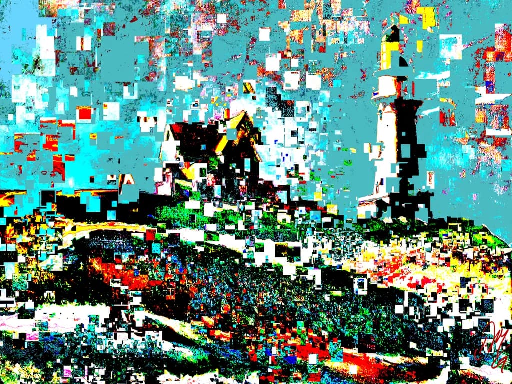 Whispers of the Digital Lighthouse: A Glitchy Coastal Dreamscape