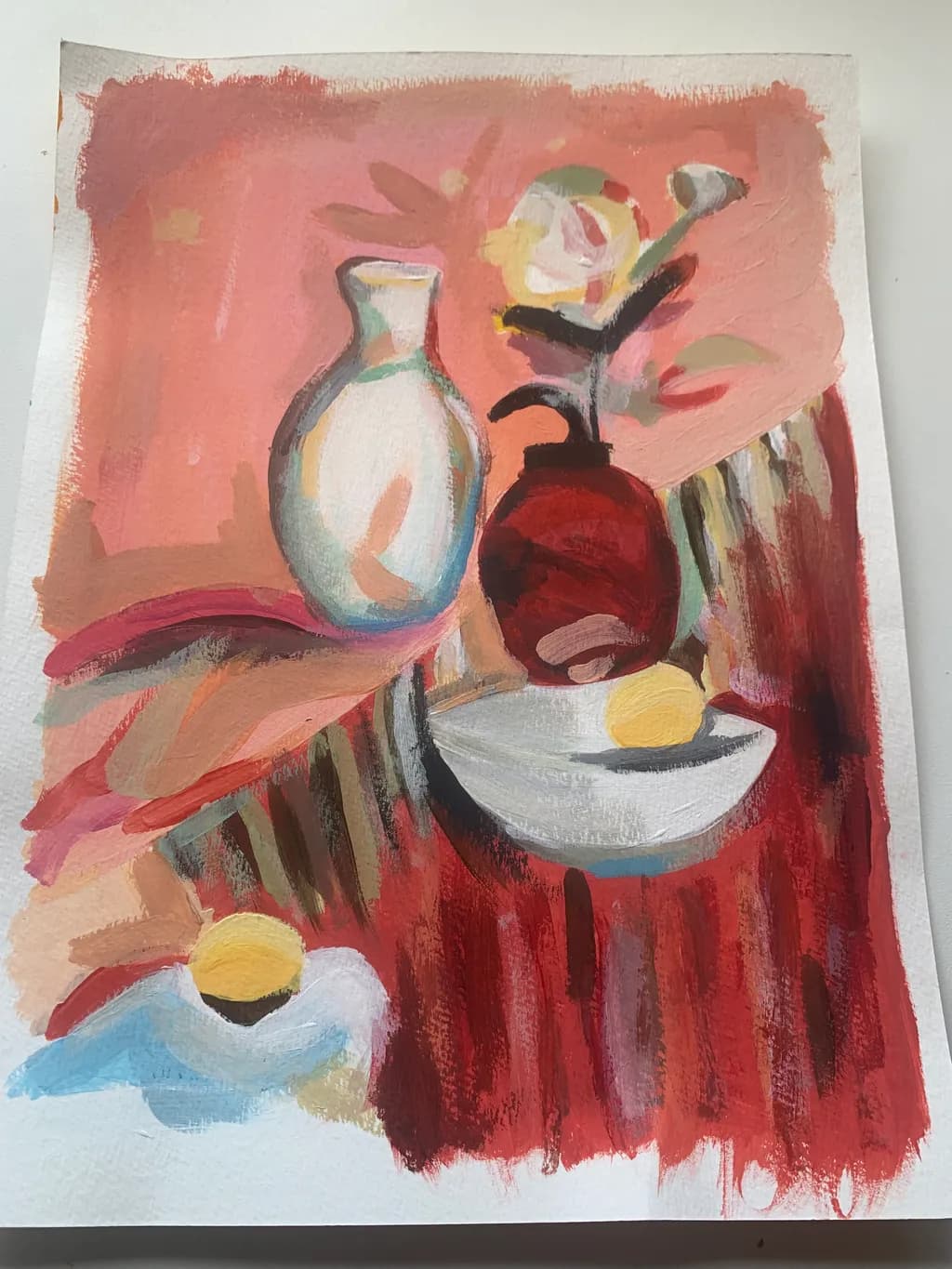 Vibrant Harmony: A Still Life of Colorful Vessels and Citrus Delight
