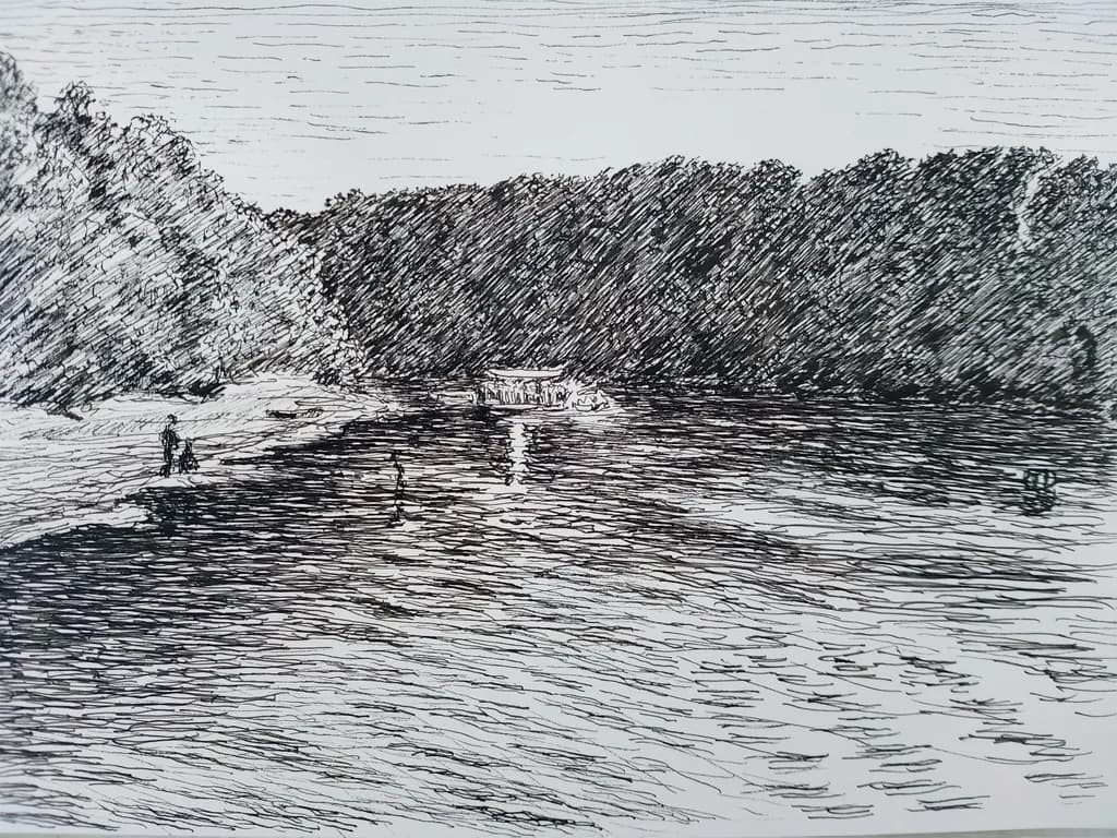 Serenity by the Water's Edge: A Tranquil Landscape in Ink and Reflection