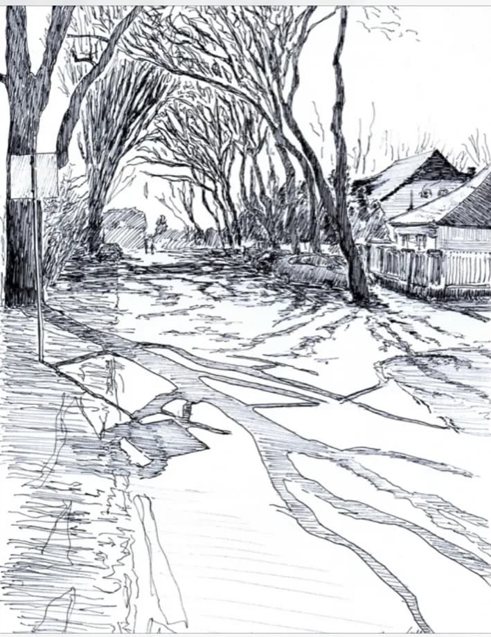 Whispers of the Monochrome Road: A Serene Landscape Sketch of Trees and Tranquility