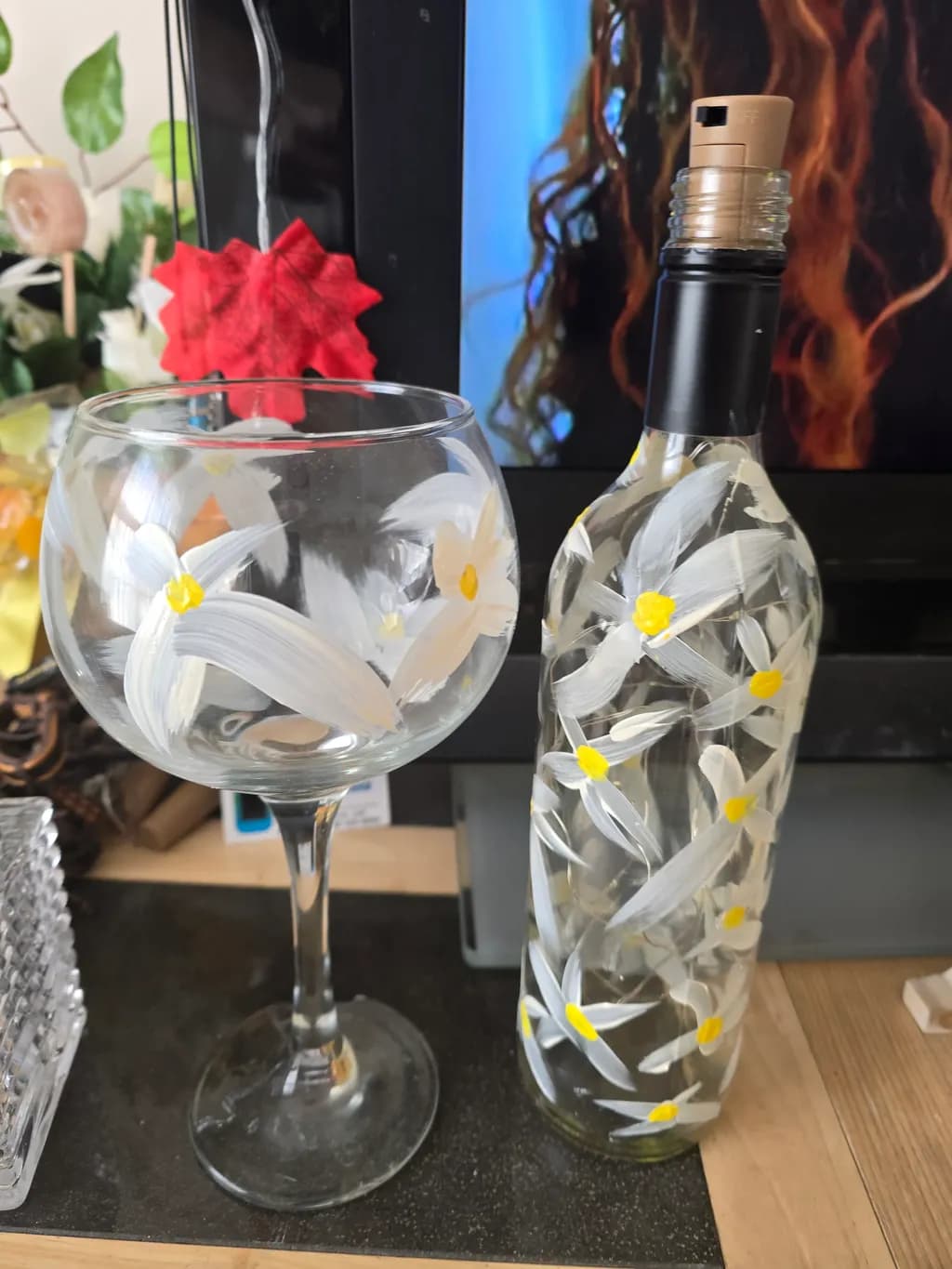 Whimsical Floral Elegance: Hand-Painted Wine Glass and Bottle Set