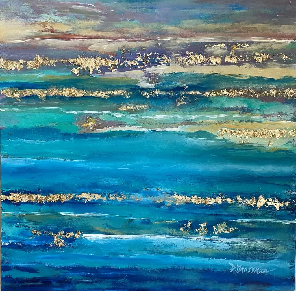 Oceanic Harmony: A Serene Dance of Blues and Golds in Abstract Waves