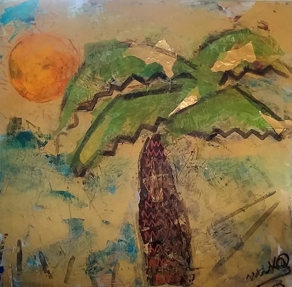 Vibrant Sunset Over Palm Oasis: An Abstract Landscape Journey