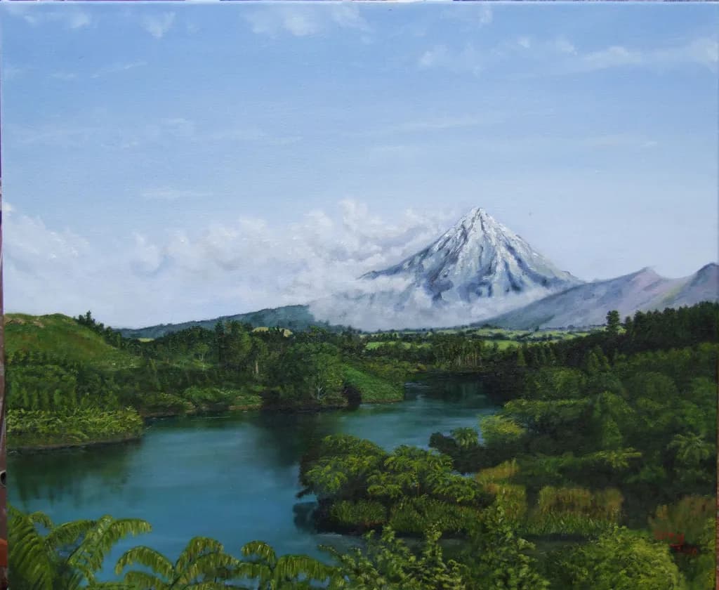 Serenity in Nature: A Majestic Mountain Landscape with Tranquil Waters and Lush Greenery