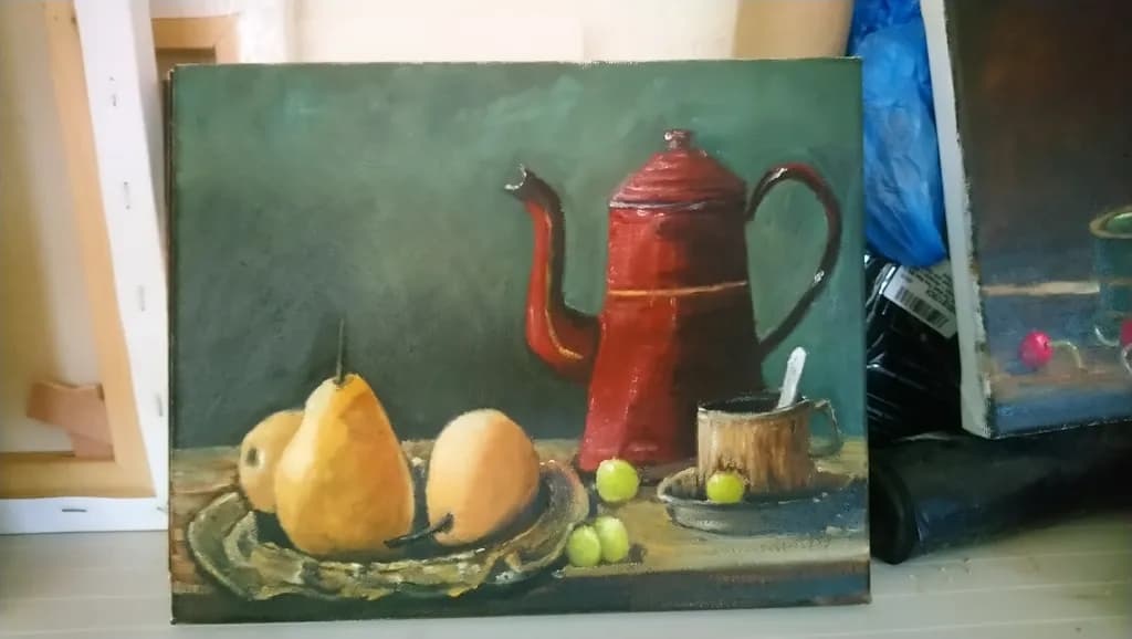 Rustic Harmony: A Still Life of Pears, a Teapot, and a Wooden Cup