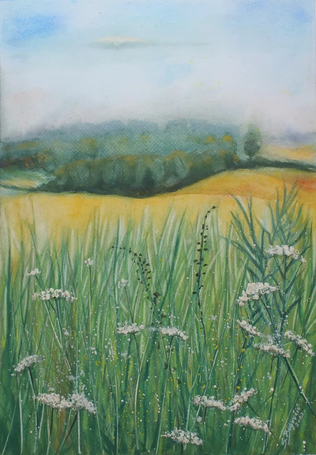 Whispers of the Meadow: A Serene Landscape in Watercolor Harmony