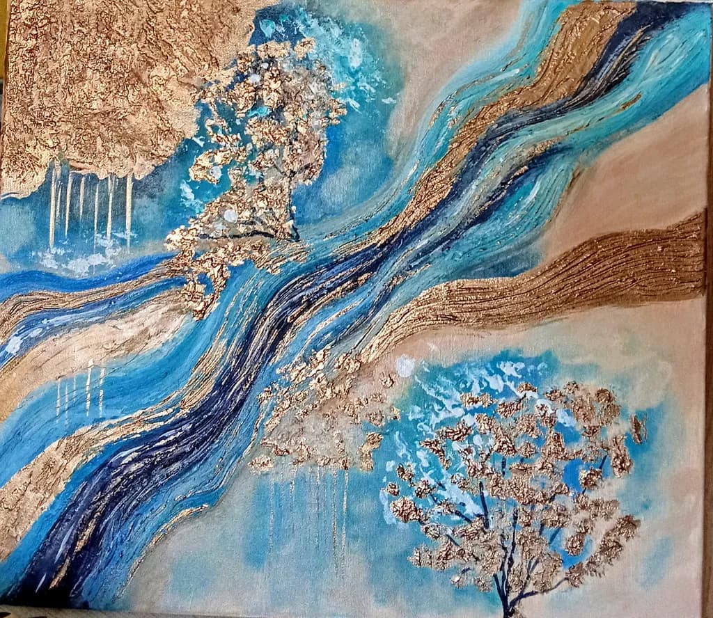 Whispers of Nature: A Flowing Dance of Blue and Gold in Abstract Harmony