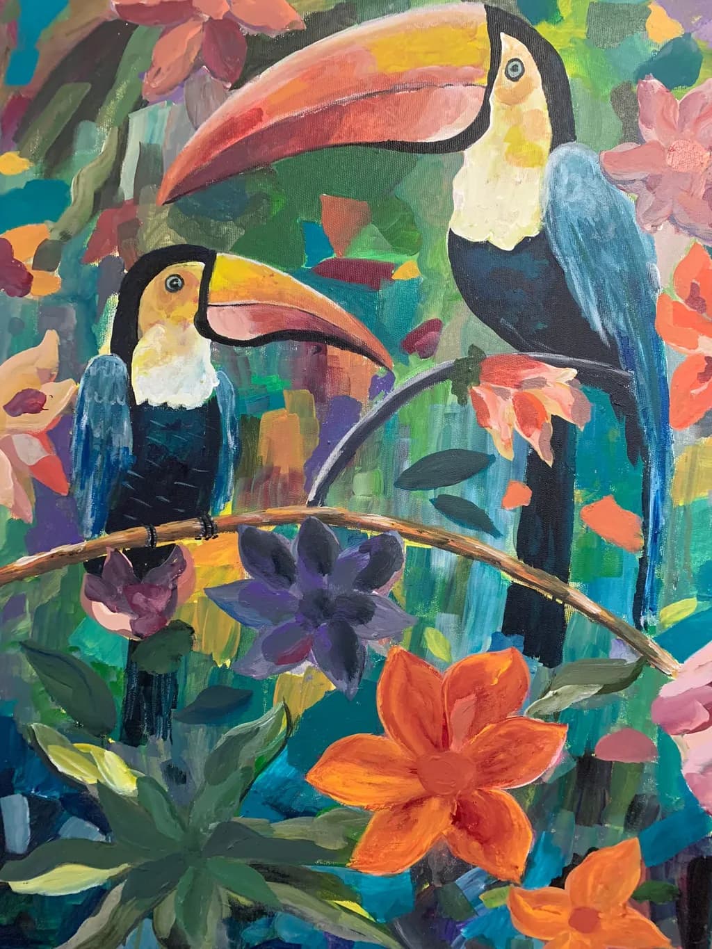 Tropical Harmony: Vibrant Toucans Amidst a Floral Paradise