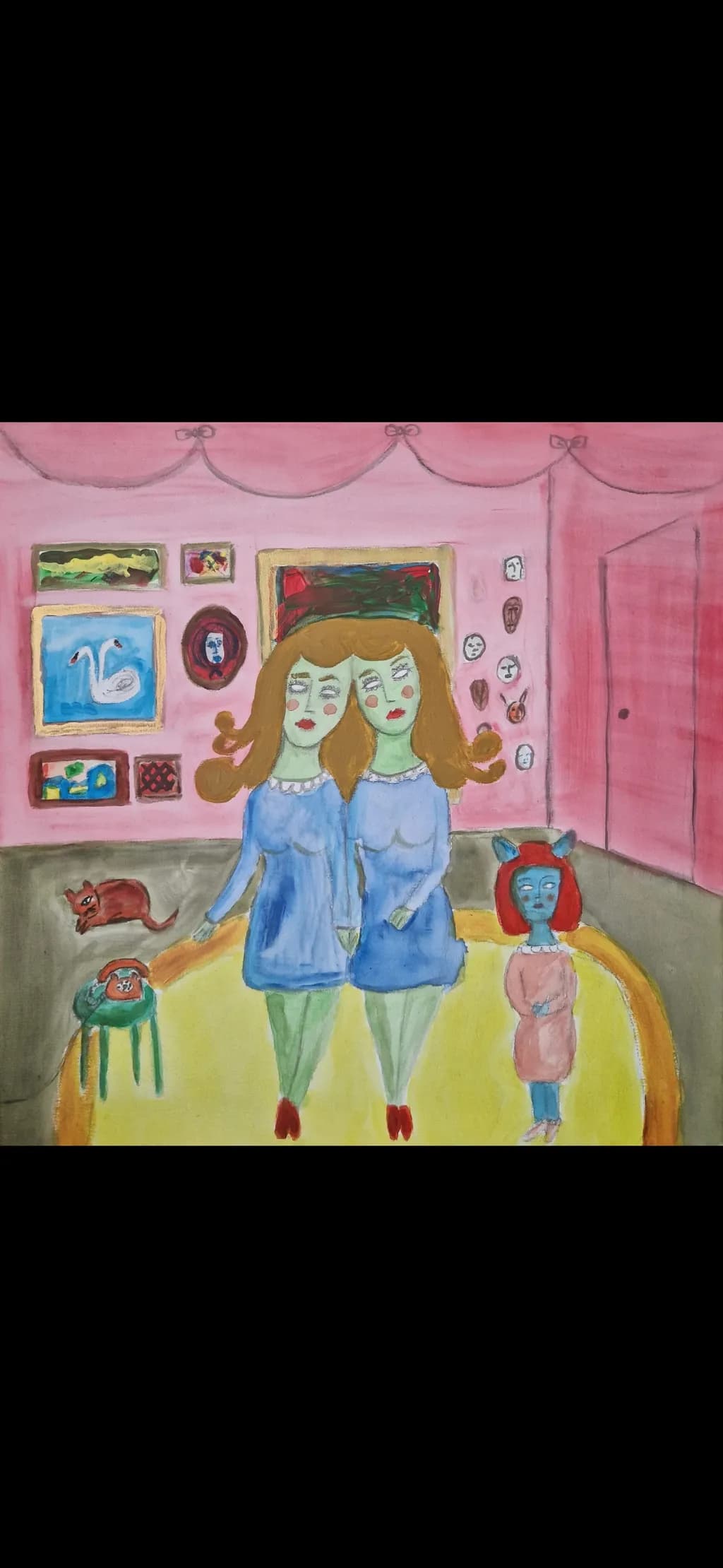 Whimsical Reflections: A Surreal Encounter in a Colorful Room