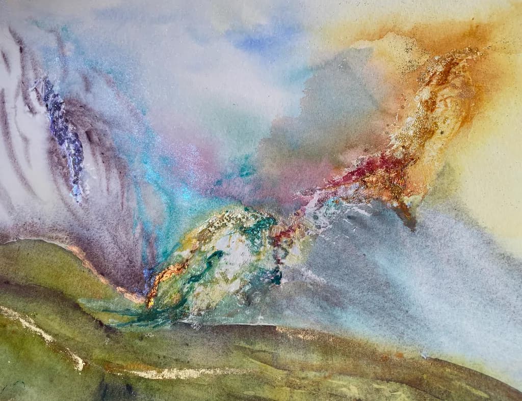 Whispers of Nature: A Dreamy Watercolor Landscape with Ethereal Hues and Textures