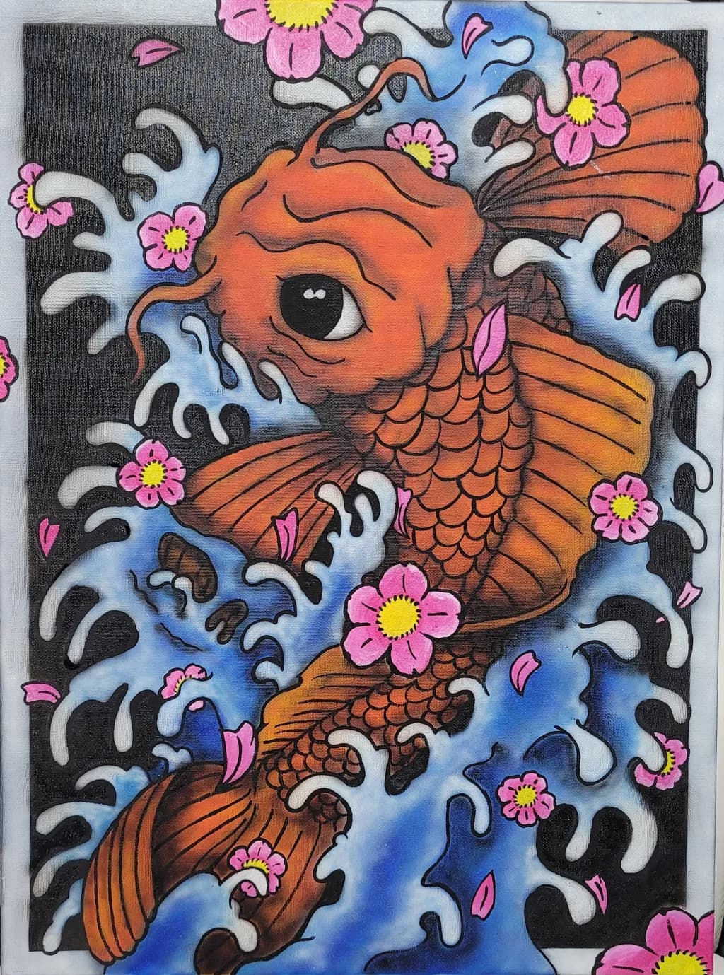 Golden Koi Dance: A Vibrant Fusion of Nature and Artistry with Cherry Blossoms and Waves