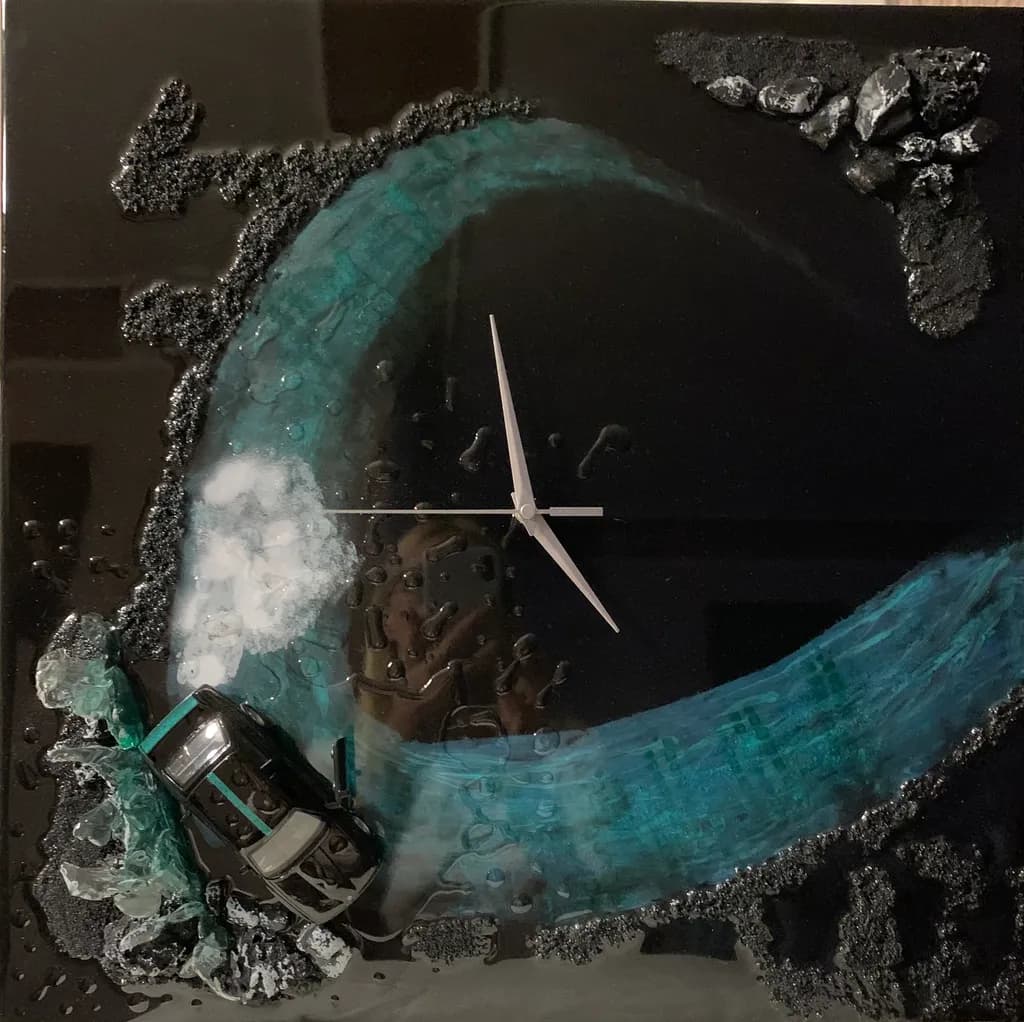Dynamic Drift: A Contemporary Clock Art Piece with a Racing Car and Turquoise Waves