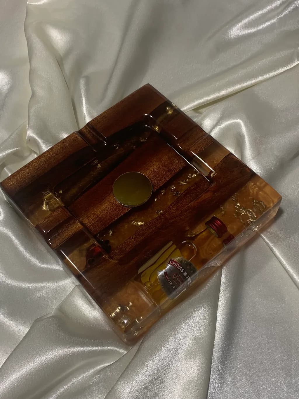 Elegant Resin and Wood Coaster with Embedded Miniature Bottles and Gold Accent