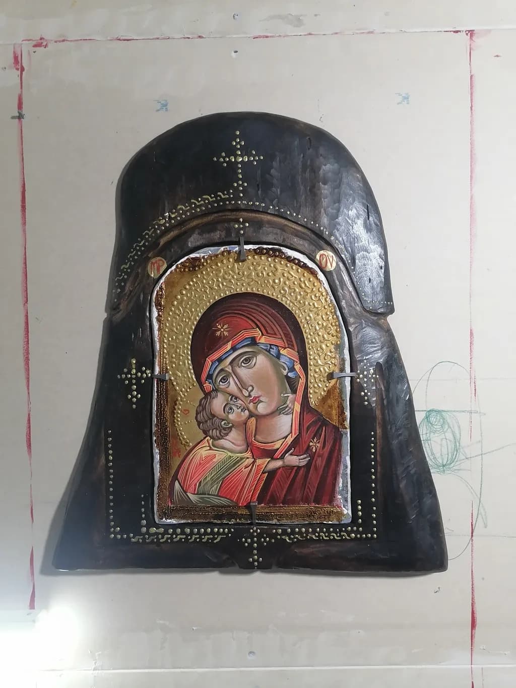 Divine Embrace: A Sacred Icon of Mother and Child on Ornate Wood Panel