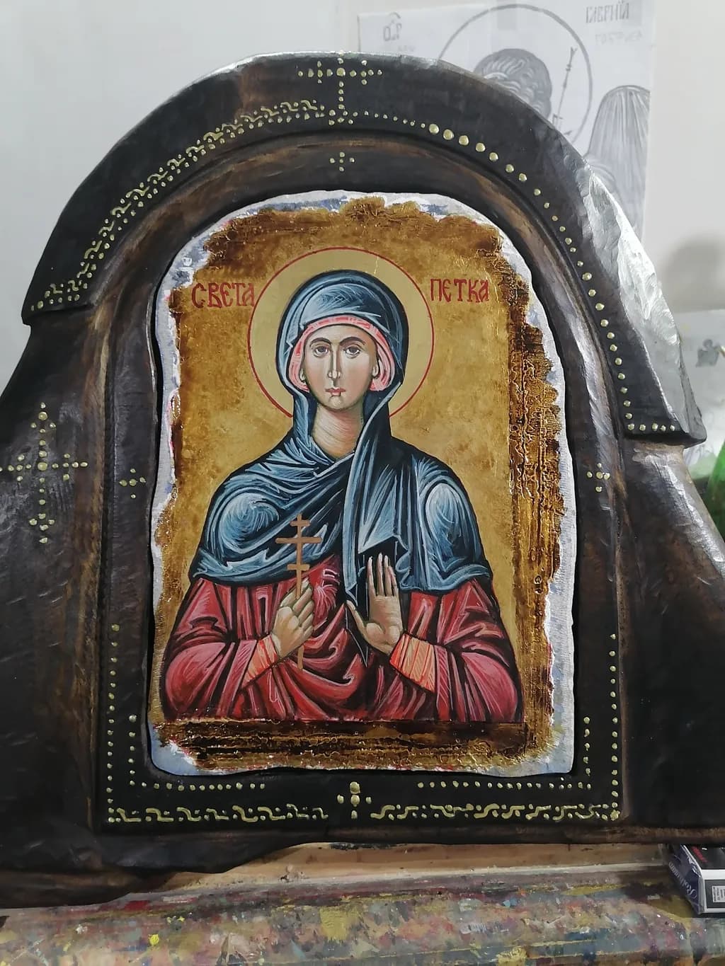 Divine Grace: Icon of Saint Petka in Rich Earth Tones and Gold Leaf Detail