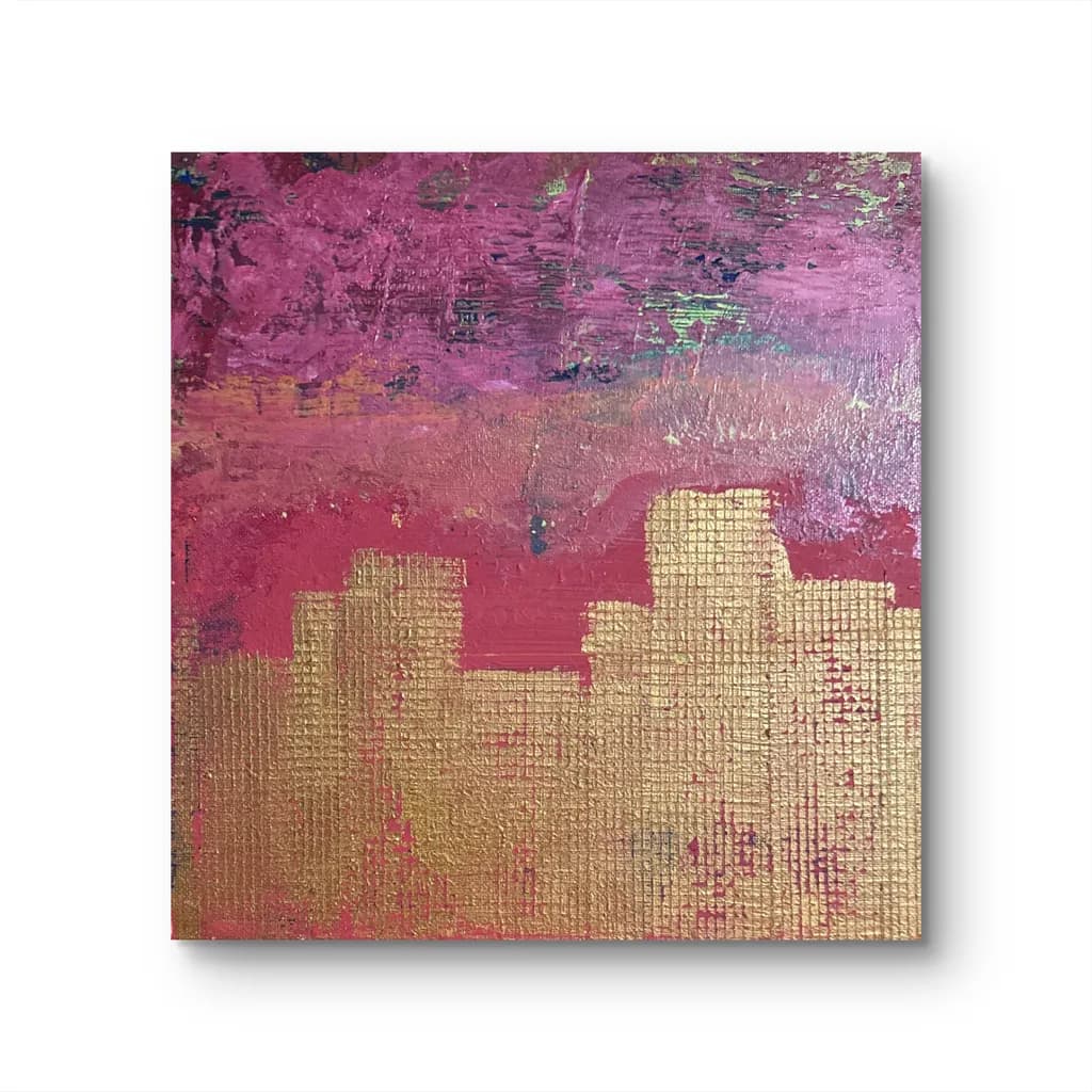 Golden Horizon: A Vibrant Dance of Pink and Gold in Abstract Cityscape