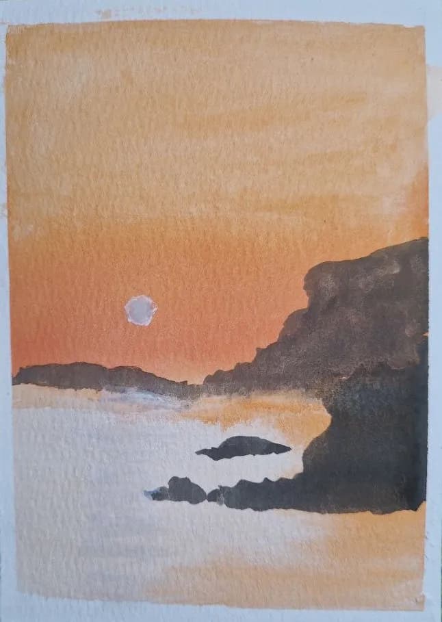 Serene Sunset Over Tranquil Waters: A Watercolor Journey