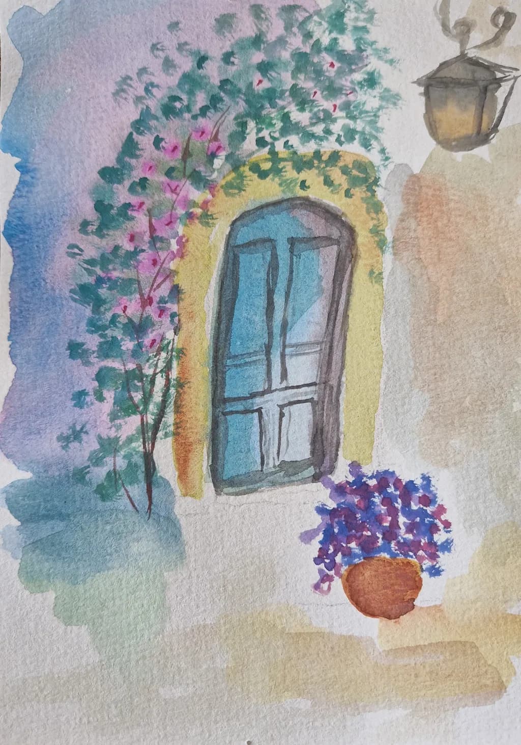 Whispers of Color: A Serene Doorway Framed by Blossoms and Light