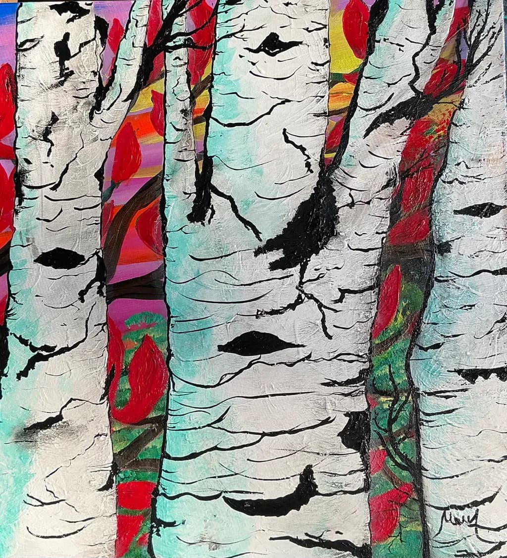 Whispers of Autumn: Vibrant Birch Trees Amidst a Colorful Landscape