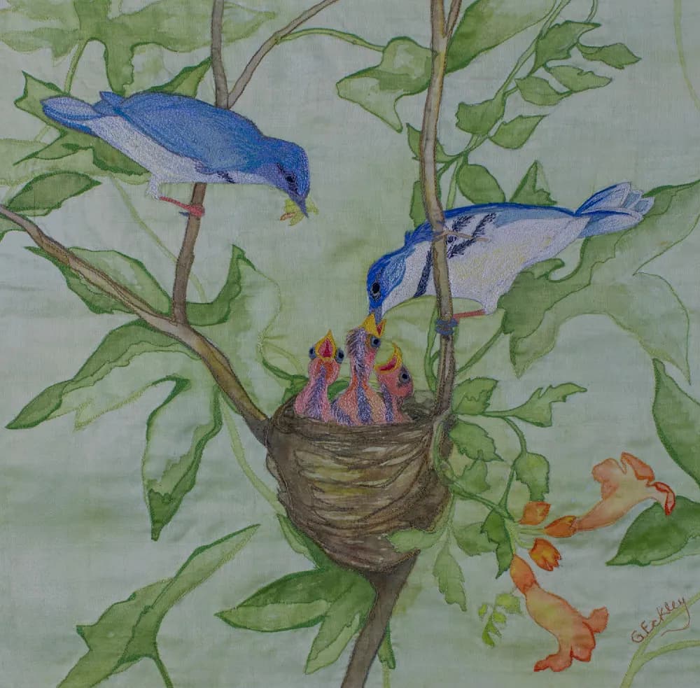 Nurturing Nature: A Vibrant Scene of Birds Feeding Their Young in a Lush Nest