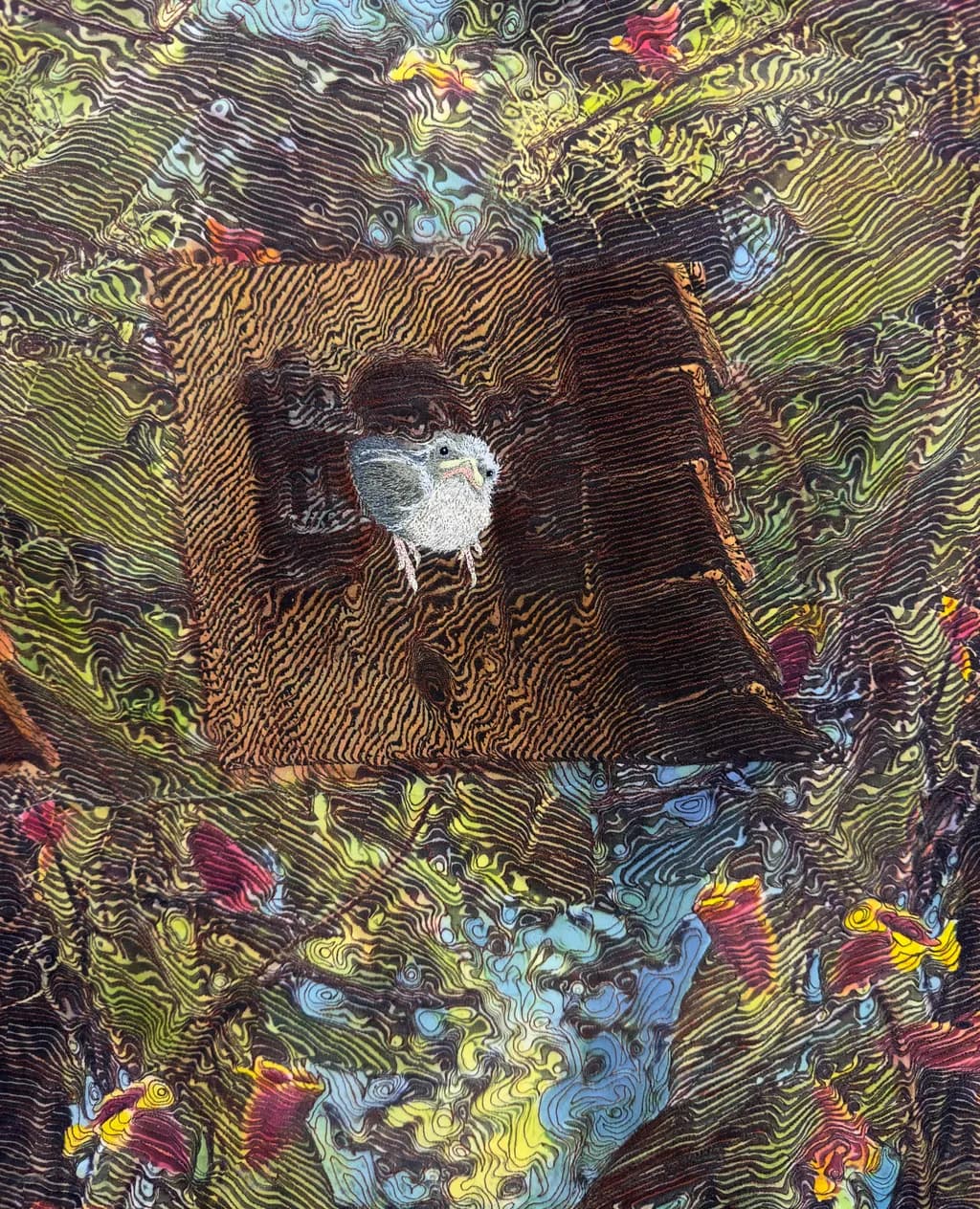Whispers of Nature: An Abstract Journey Through Colorful Textures and Avian Serenity