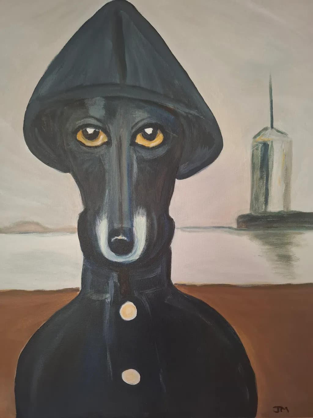 Mysterious Gaze: The Enigmatic Canine in a Cityscape