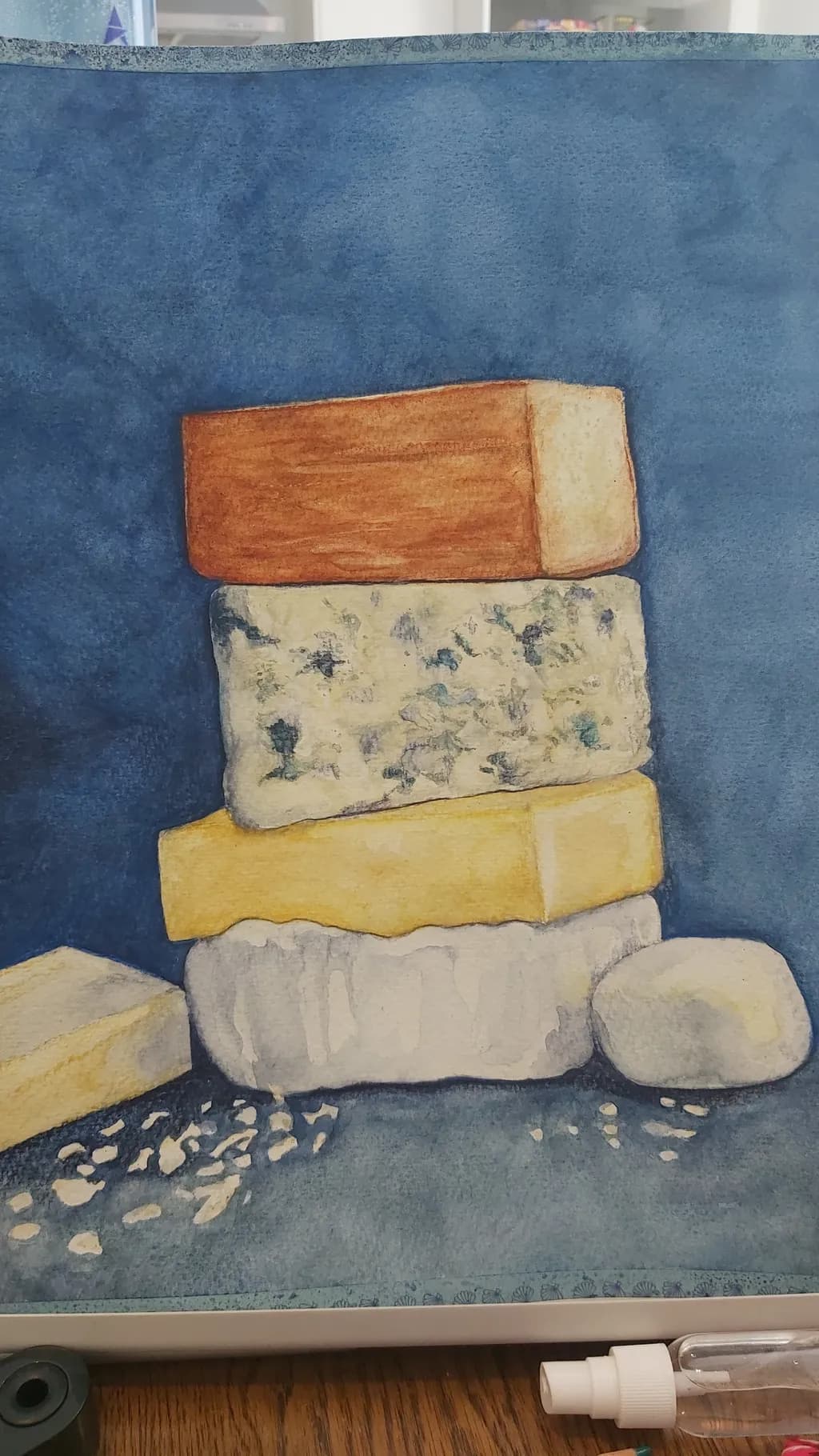 Cheese Tower: A Colorful Watercolor Composition of Artisan Cheeses