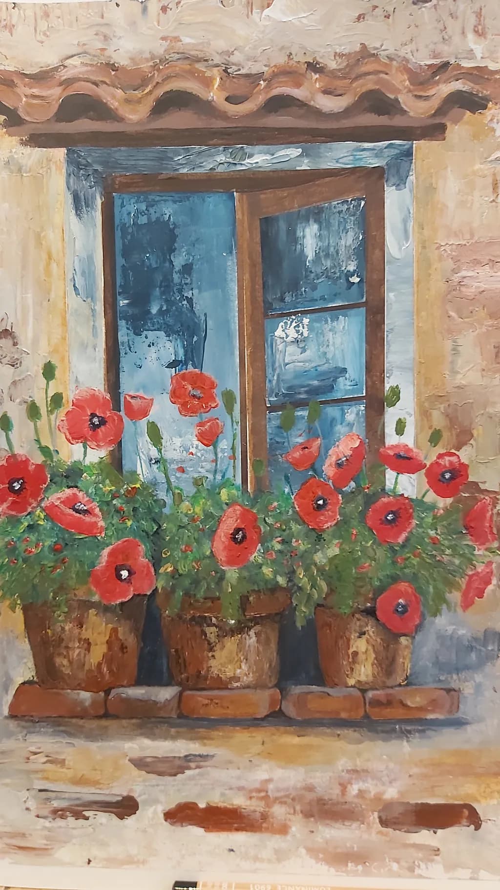 Whispers of Spring: Vibrant Poppies Framing a Rustic Window Scene