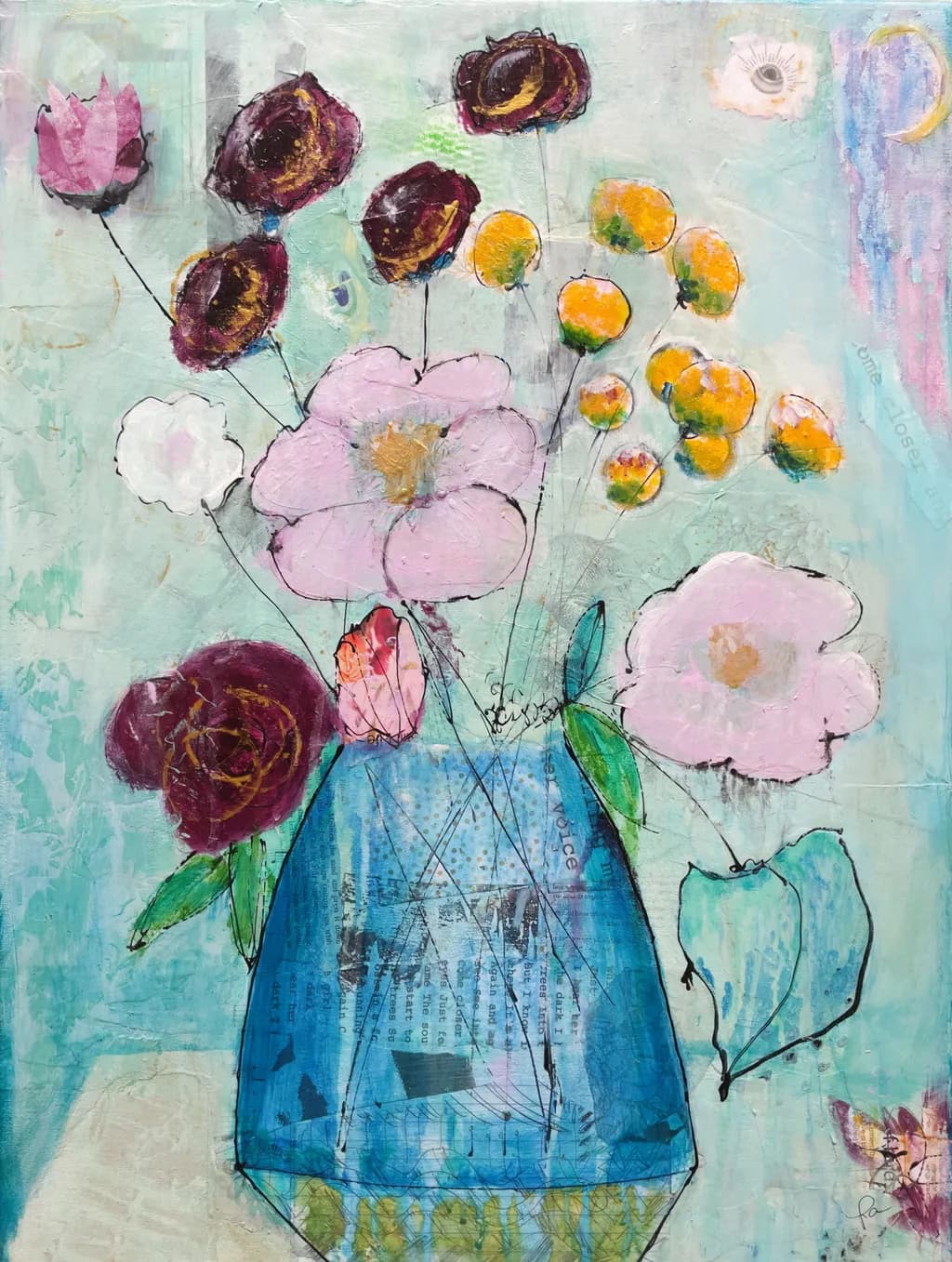 Whimsical Blooms: A Vibrant Floral Composition in Blue Vase