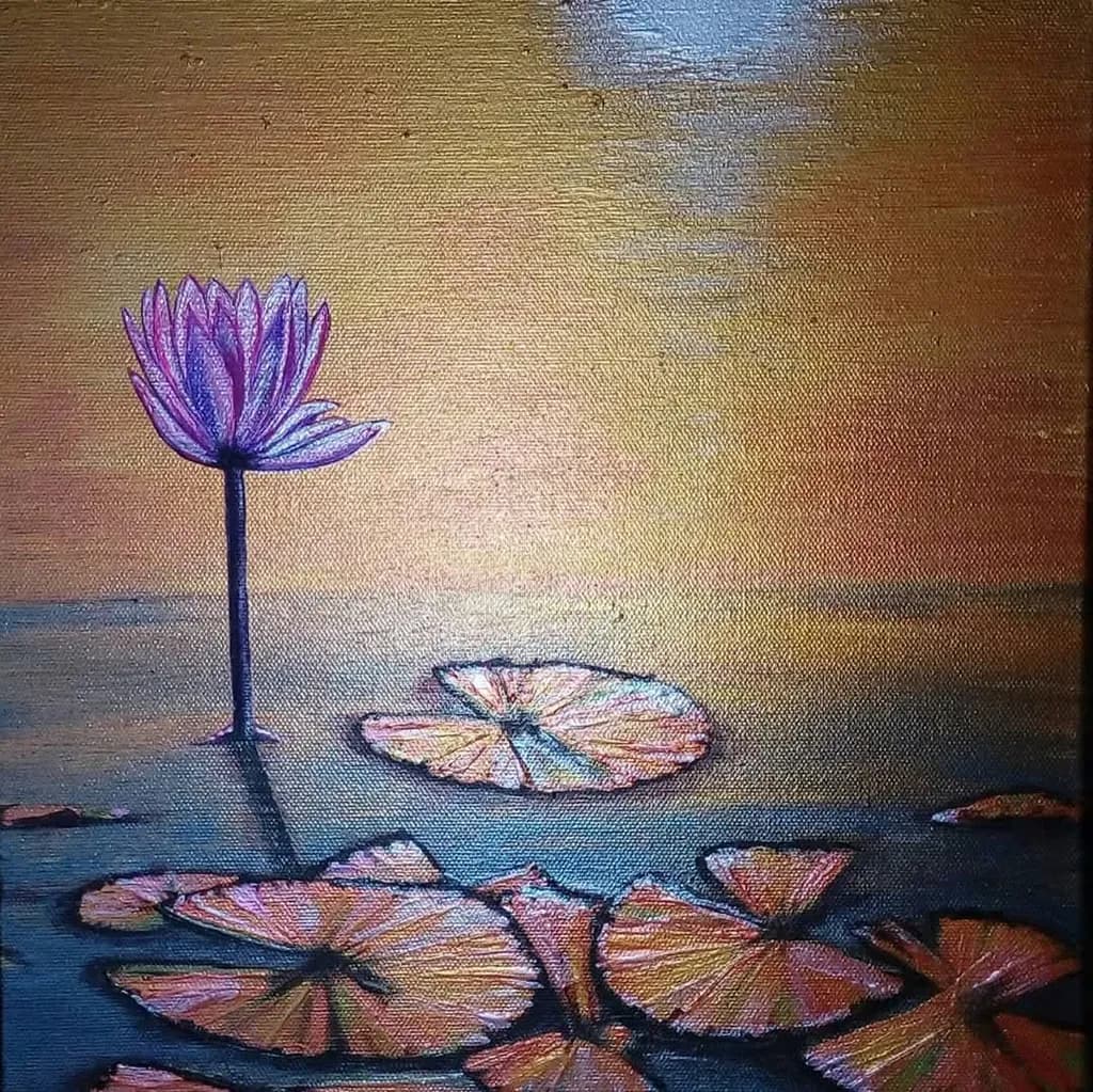 Serenity in Bloom: A Tranquil Evening with Water Lilies and a Golden Horizon
