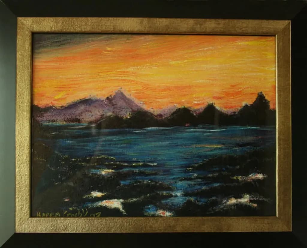 Serene Sunset Over Tranquil Waters: A Vibrant Landscape in Pastel Hues
