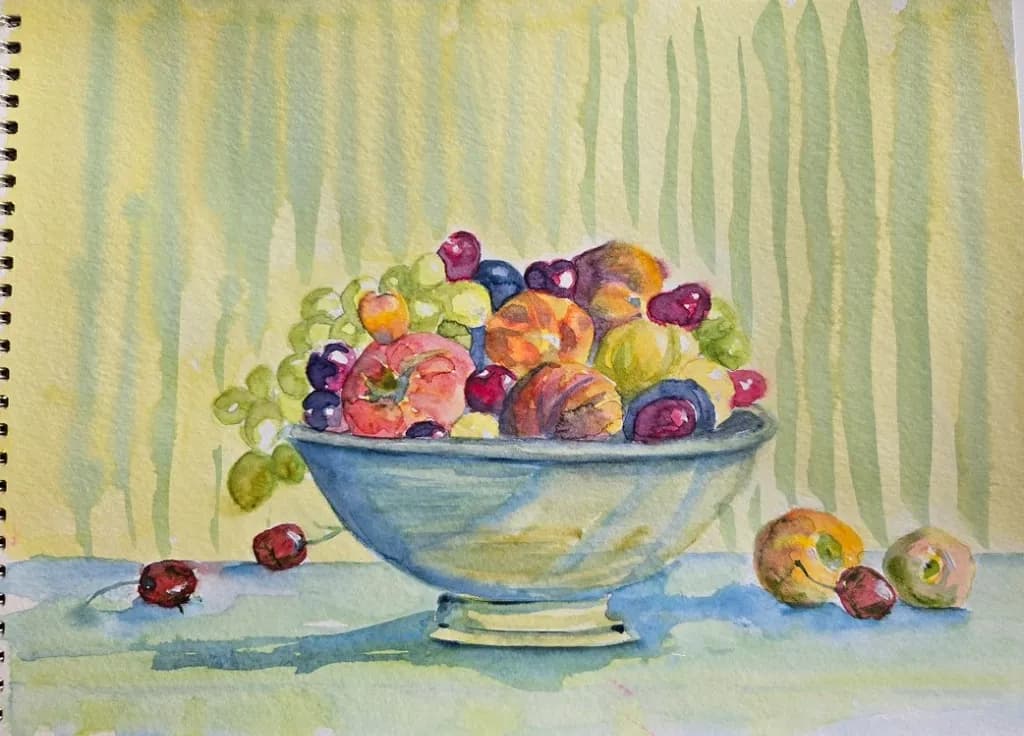 Vibrant Harmony: A Watercolor Still-Life of Fruit in a Bowl