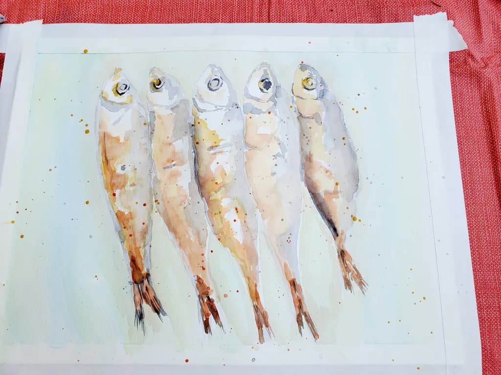Whimsical Waters: A Delicate Dance of Five Fresh Fish in Watercolor Elegance