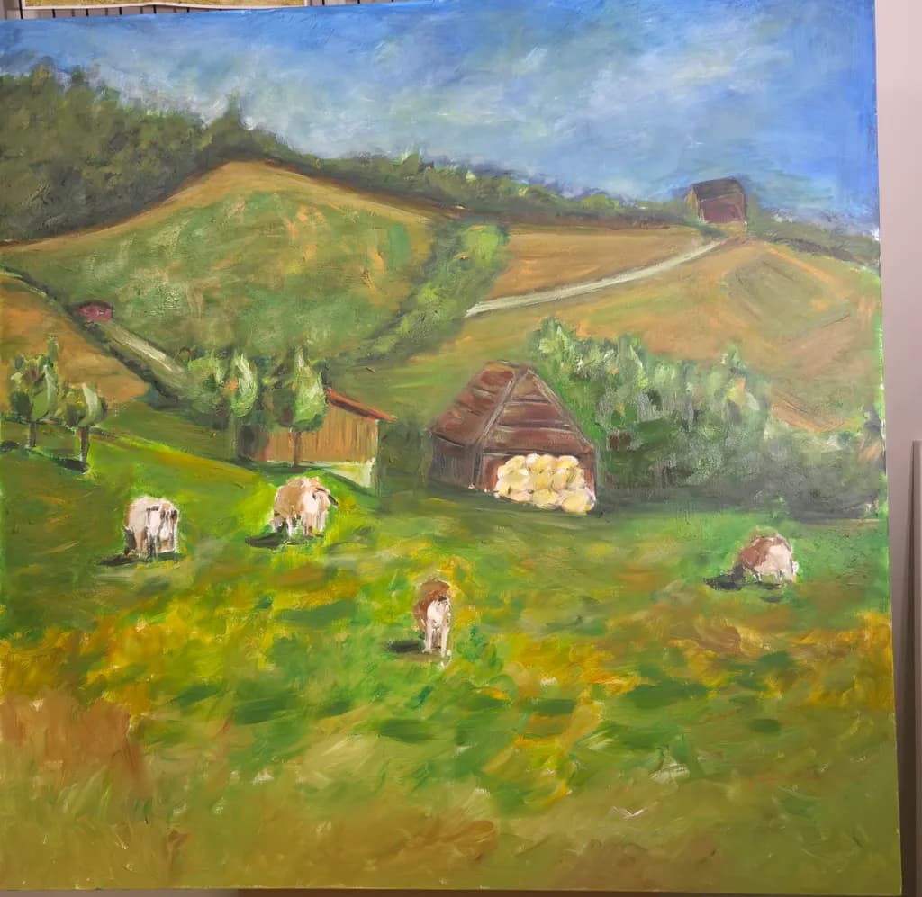 Serene Pastoral Harmony: Cows Grazing in a Lush Green Landscape with Rustic Barns and Rolling Hills