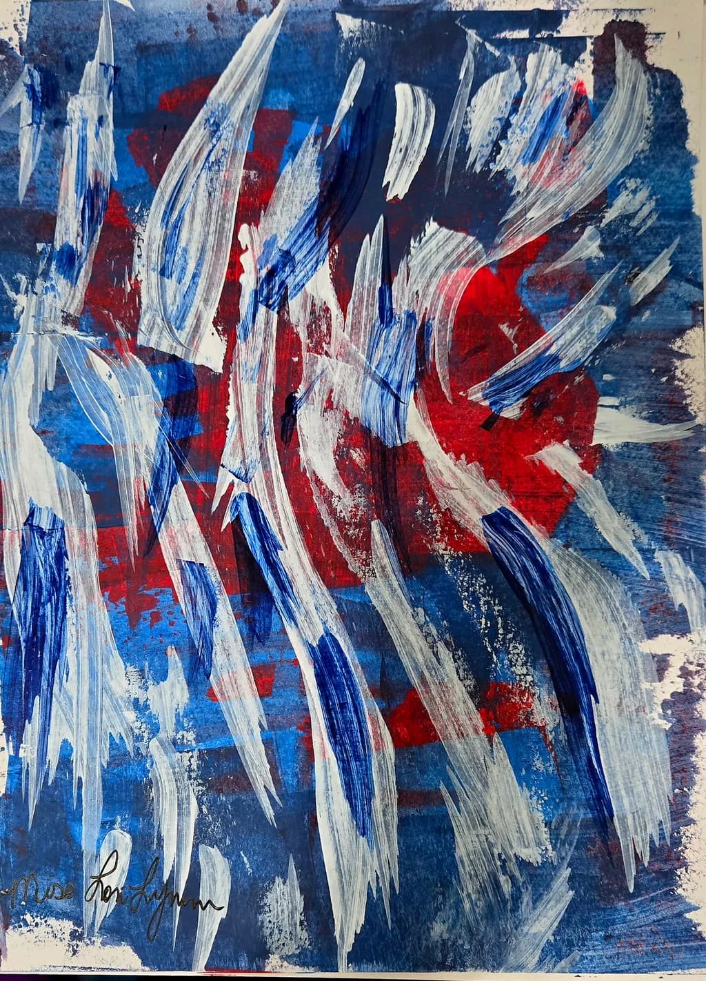 Vibrant Whirlwind: A Dance of Red, White, and Blue Strokes