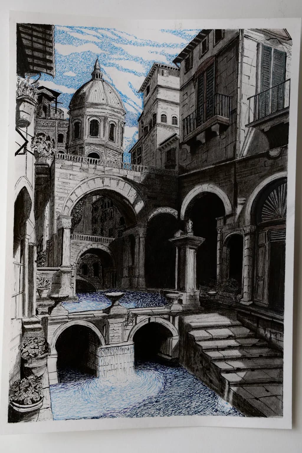 Whispers of Water: A Serene Architectural Journey Through Shadows and Columns
