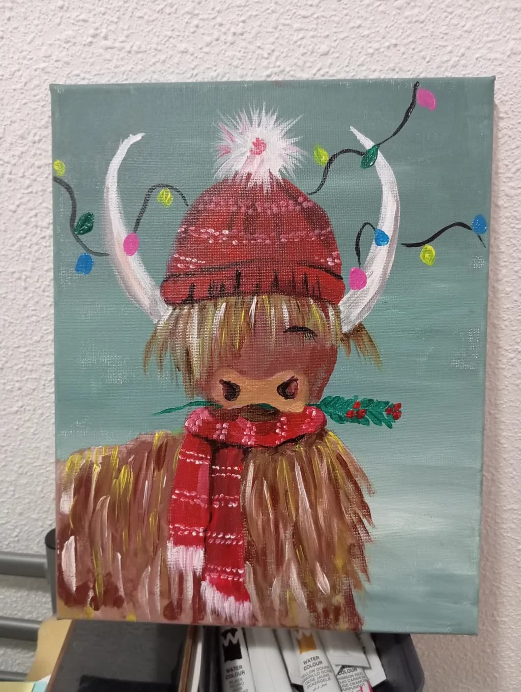 Whimsical Highlander: A Festive Bull in a Cozy Hat and Scarf