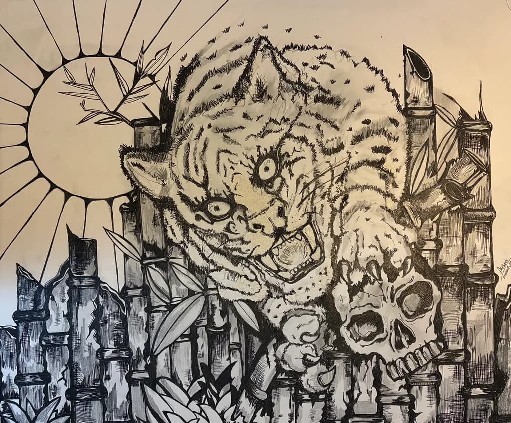 Tiger and Skull Among Bamboo