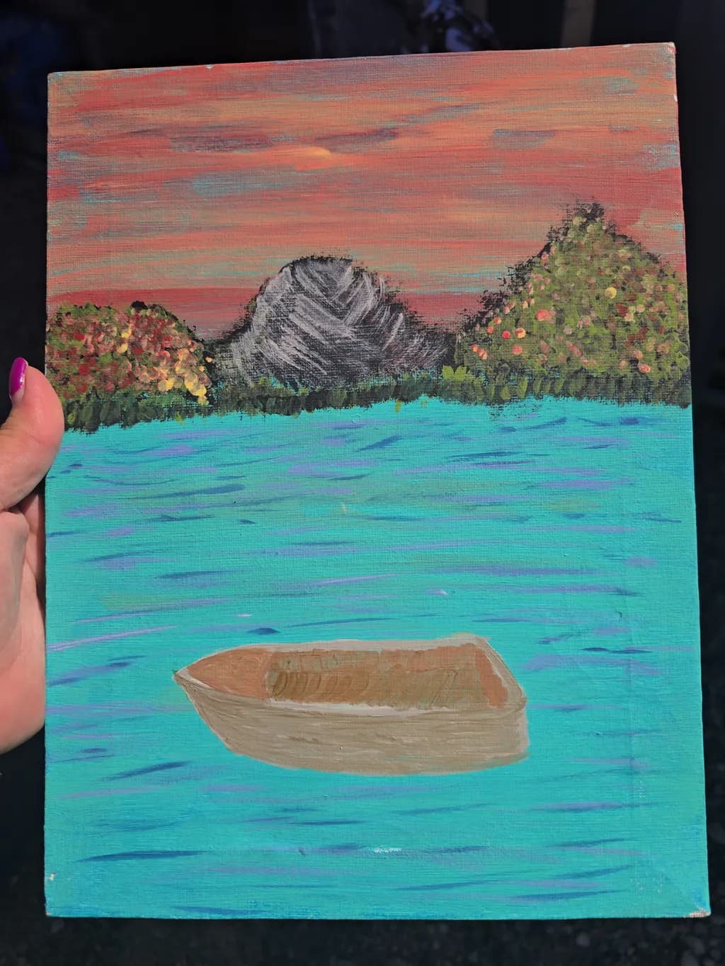 Serene Waters: A Tranquil Evening with a Lone Boat and Vibrant Skies