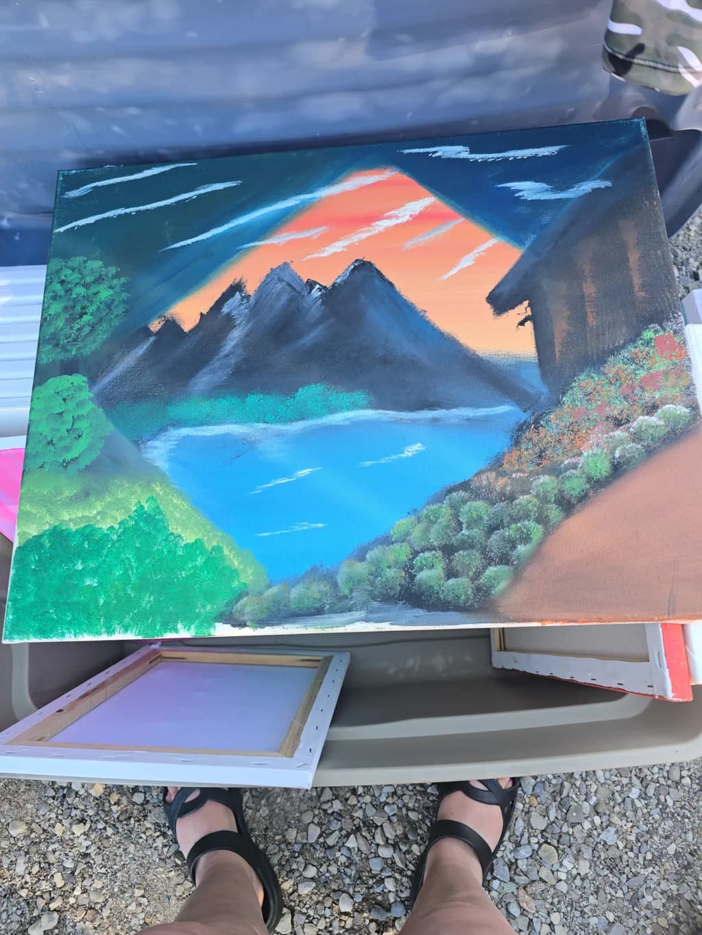 Serenity at Dusk: A Tranquil Mountain Landscape Painting with Water and Sky Reflections