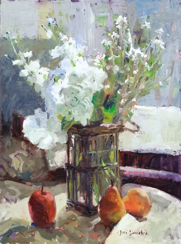 Whispers of Spring: A Lush Floral Still Life with Apples and Pears