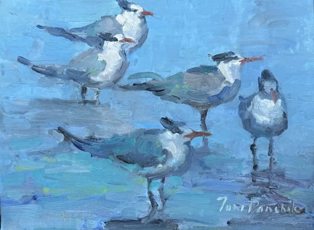 Seaside Serenade: A Dance of Coastal Birds in Soft Blues and Grays