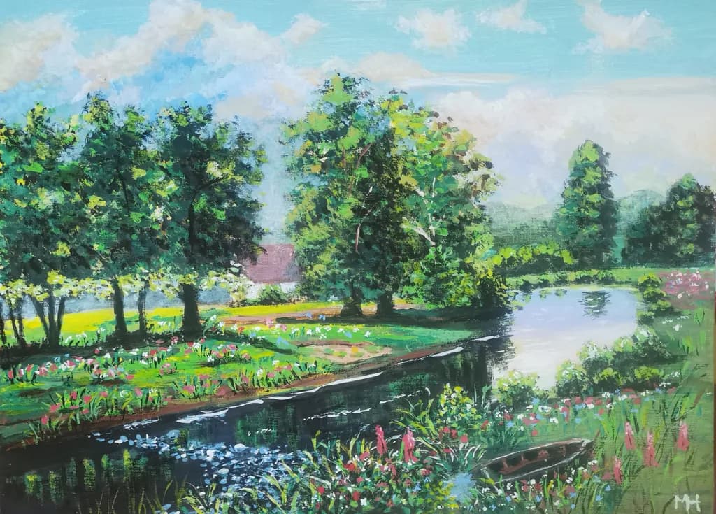 Serenity by the Stream: A Lush Landscape of Tranquil Waters and Blooming Gardens