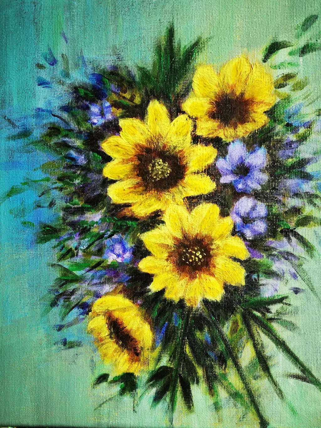 Sunlit Blooms: A Vibrant Bouquet of Sunflowers and Wildflowers on Canvas