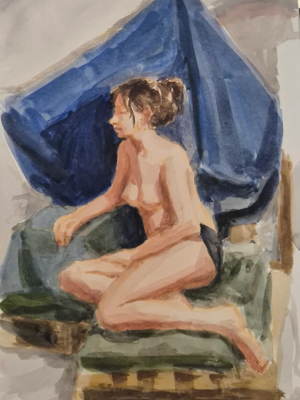 Serenity in Blue: A Watercolor Study of Poised Expression and Form