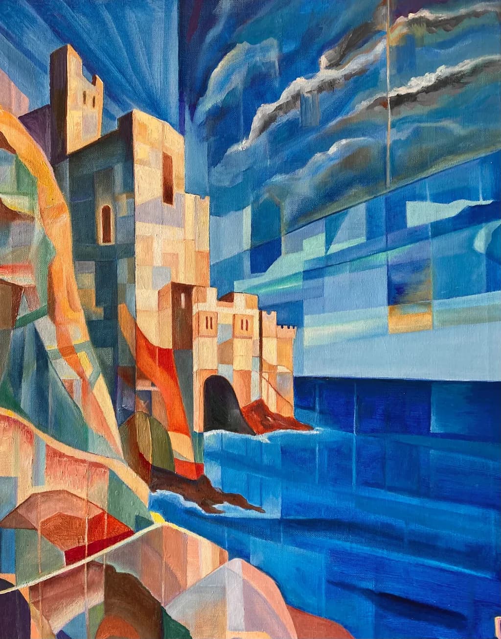 Coastal Castle Dreams: An Abstract Journey Through Blue Landscapes