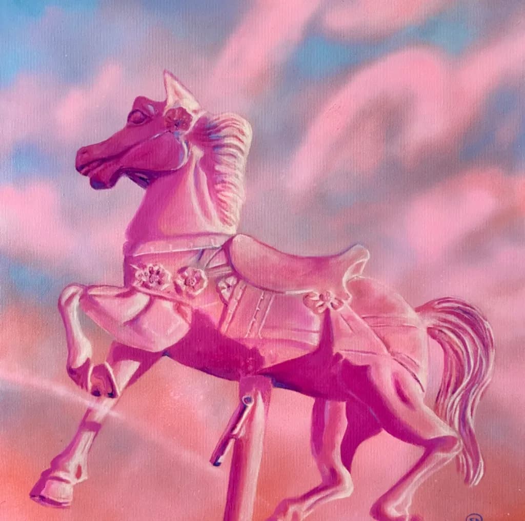 Whimsical Dreams: A Pink Carousel Horse in a Cotton Candy Sky